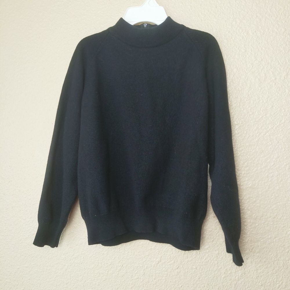 Leslie G Black Wool Blend Mock Neck Back Zip Sweater Large Raglan Sleeve Vintage